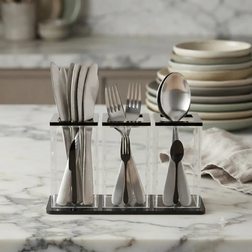 3-Compartment Acrylic Cutlery Holder - Premium Spoon, Fork & Knife Organizer - Luxury Dining Table Stand