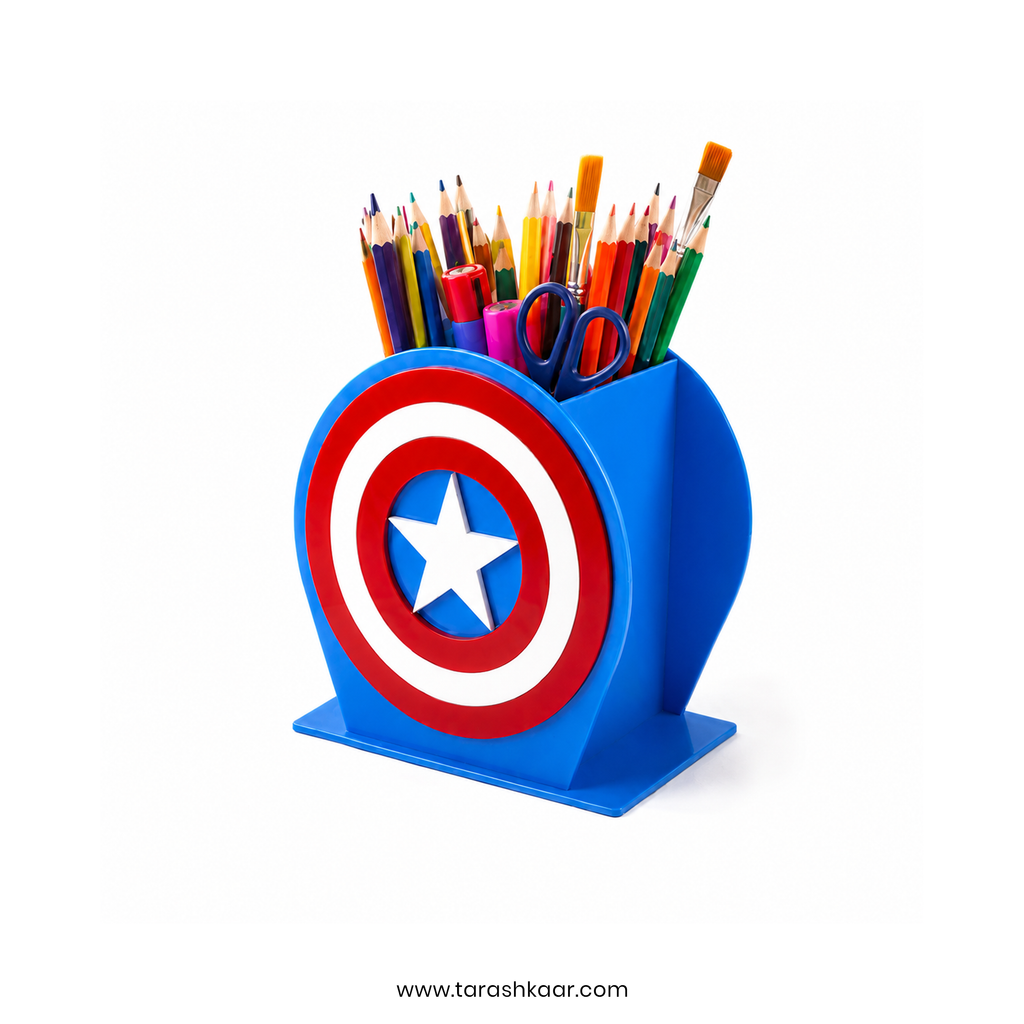 Captain America Shield Acrylic Pen & Pencil Holder - Marvel Avengers Themed Desktop Organizer - Premium Blue Edition for Kids & Fans