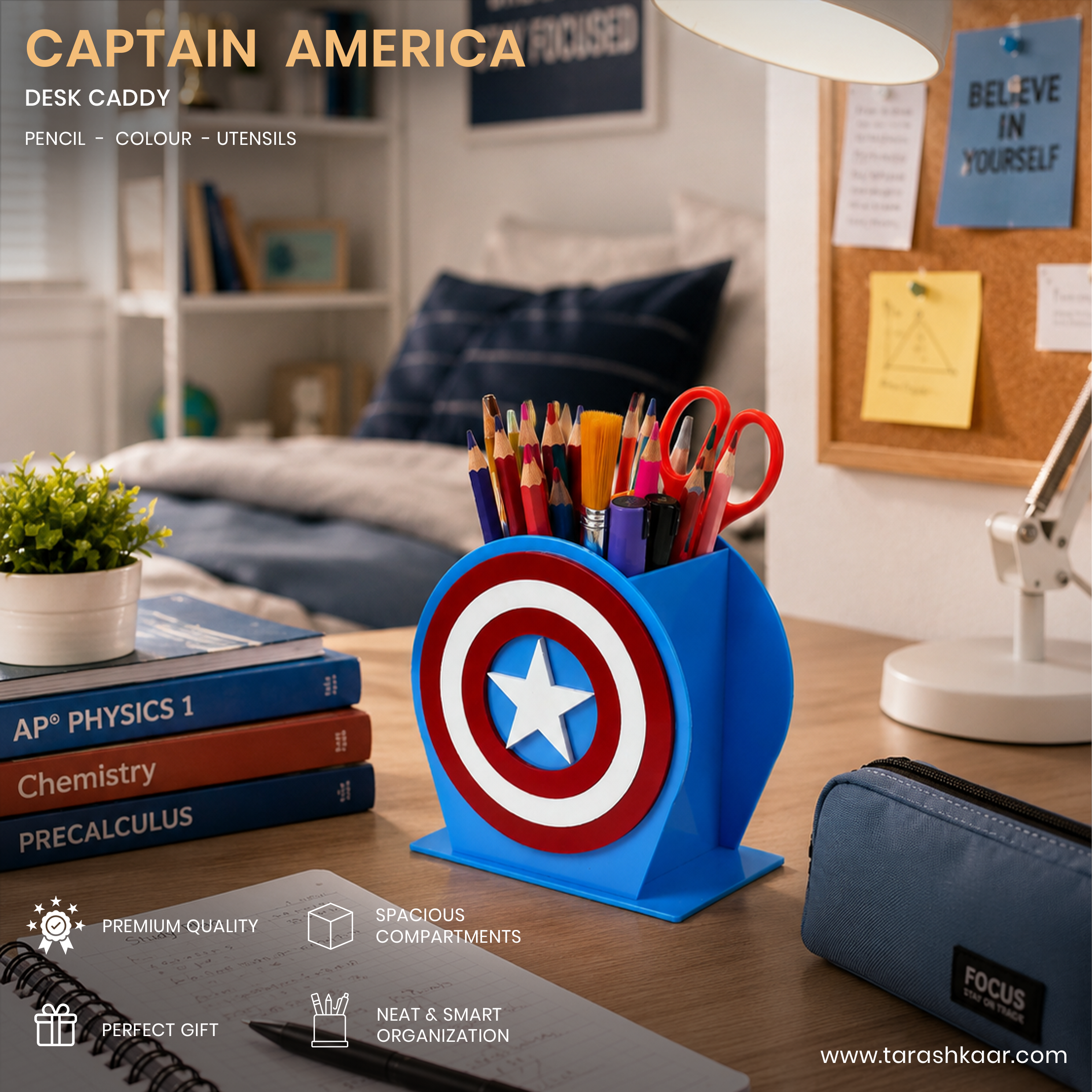 Captain America Shield Acrylic Pen & Pencil Holder - Marvel Avengers Themed Desktop Organizer - Premium Blue Edition for Kids & Fans