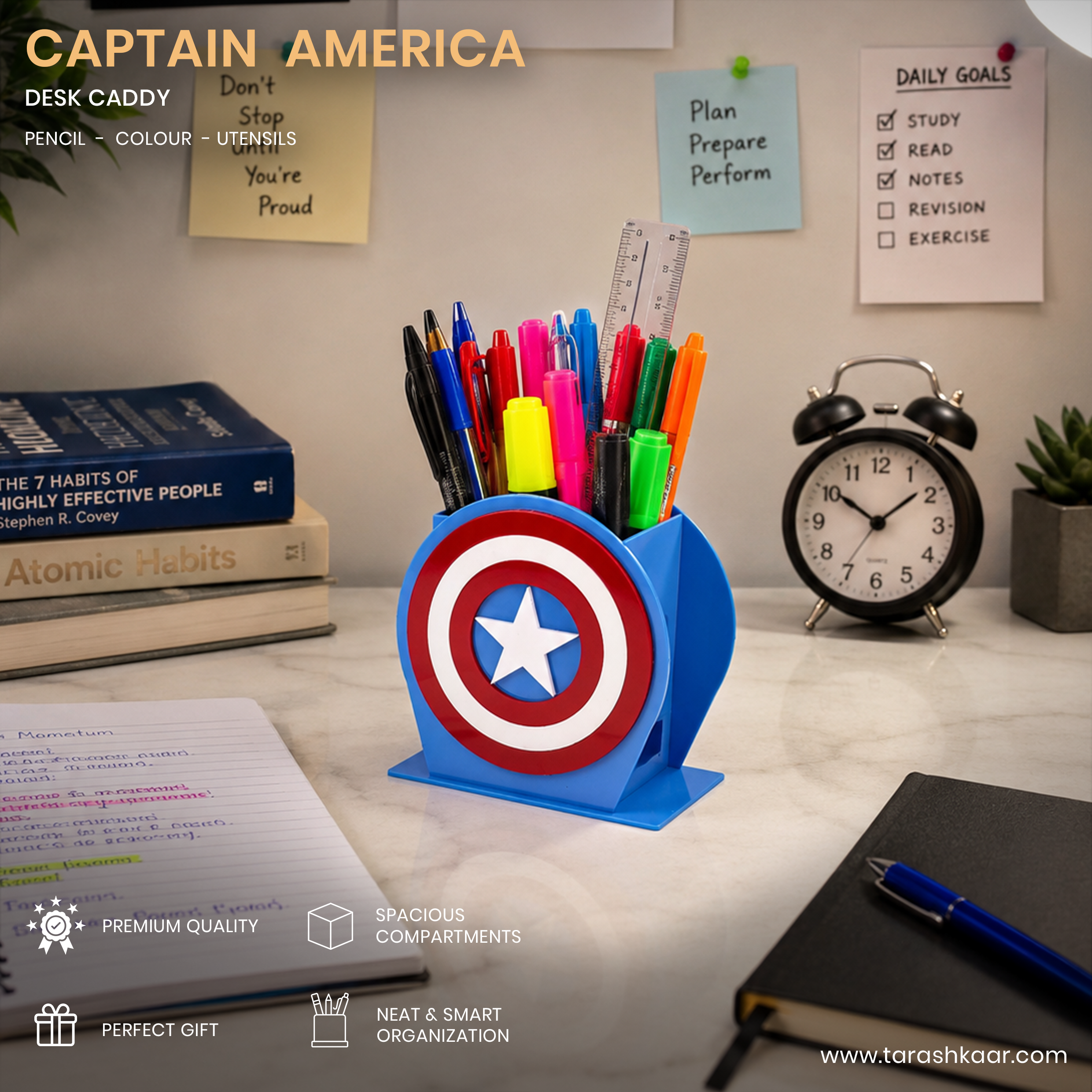 Captain America Shield Acrylic Pen & Pencil Holder - Marvel Avengers Themed Desktop Organizer - Premium Blue Edition for Kids & Fans