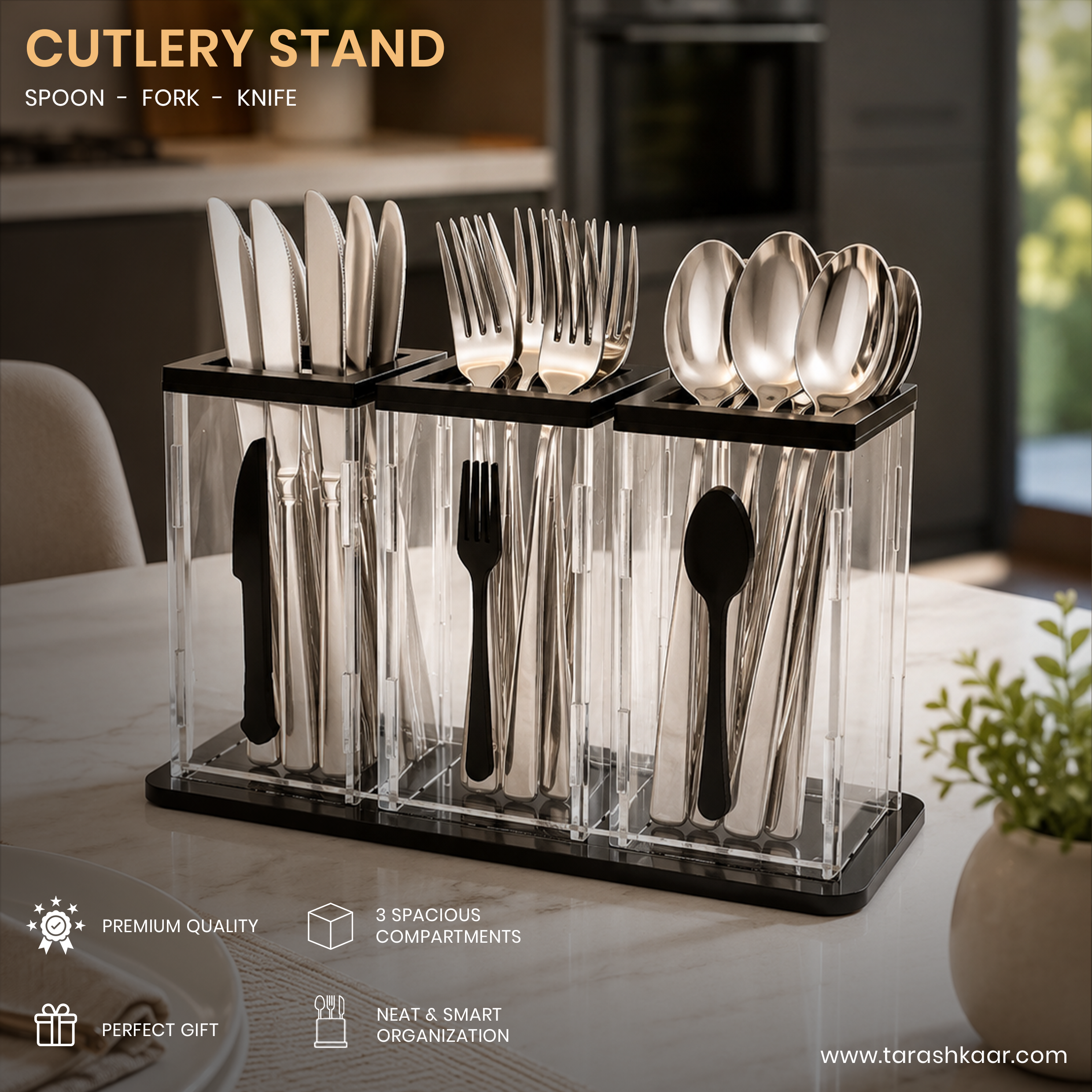3-Compartment Acrylic Cutlery Holder - Premium Spoon, Fork & Knife Organizer - Luxury Dining Table Stand