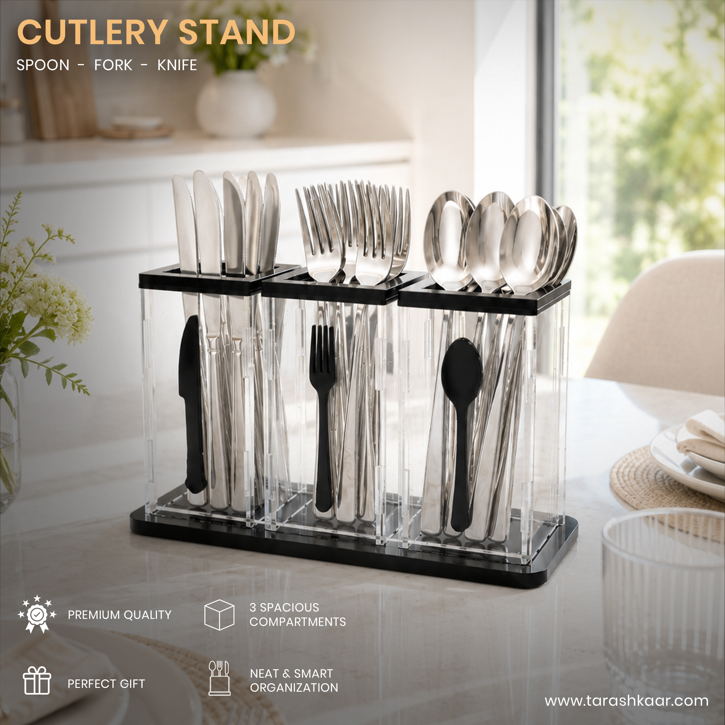 3-Compartment Acrylic Cutlery Holder - Premium Spoon, Fork & Knife Organizer - Luxury Dining Table Stand