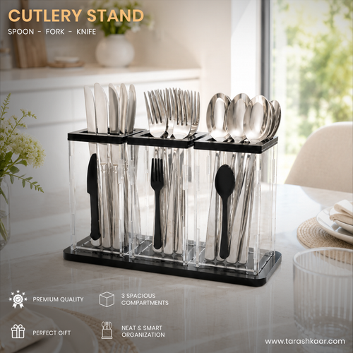 3-Compartment Acrylic Cutlery Holder - Premium Spoon, Fork & Knife Organizer - Luxury Dining Table Stand