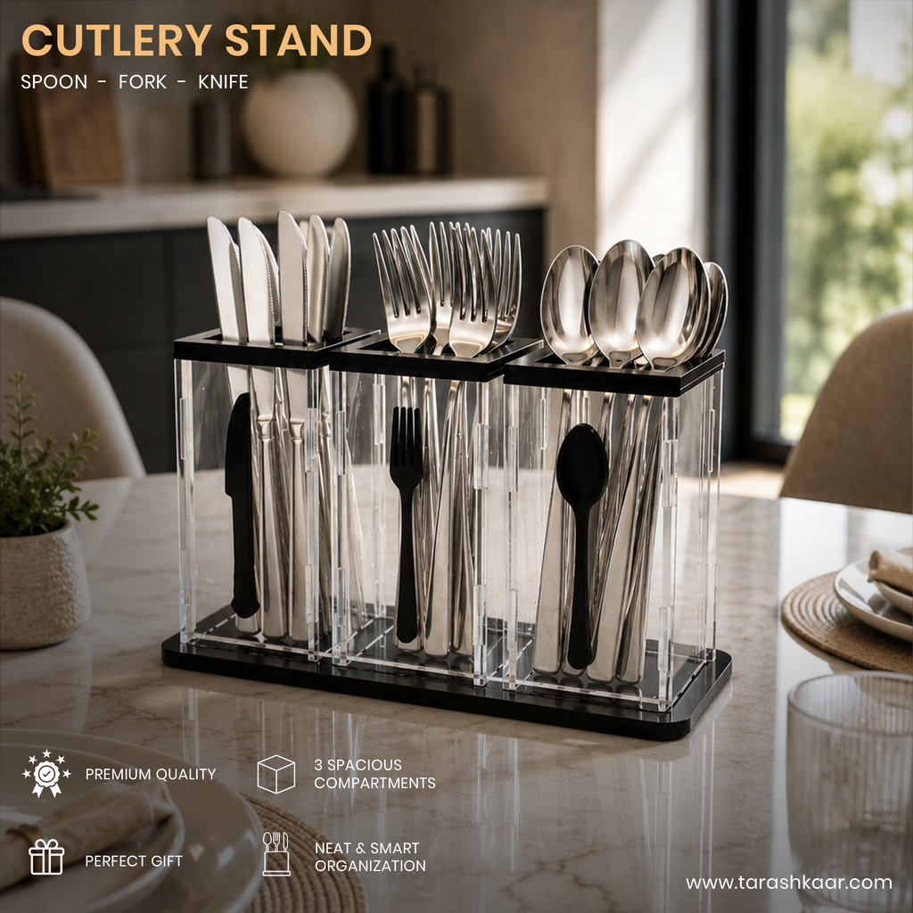 3-Compartment Acrylic Cutlery Holder - Premium Spoon, Fork & Knife Organizer - Luxury Dining Table Stand