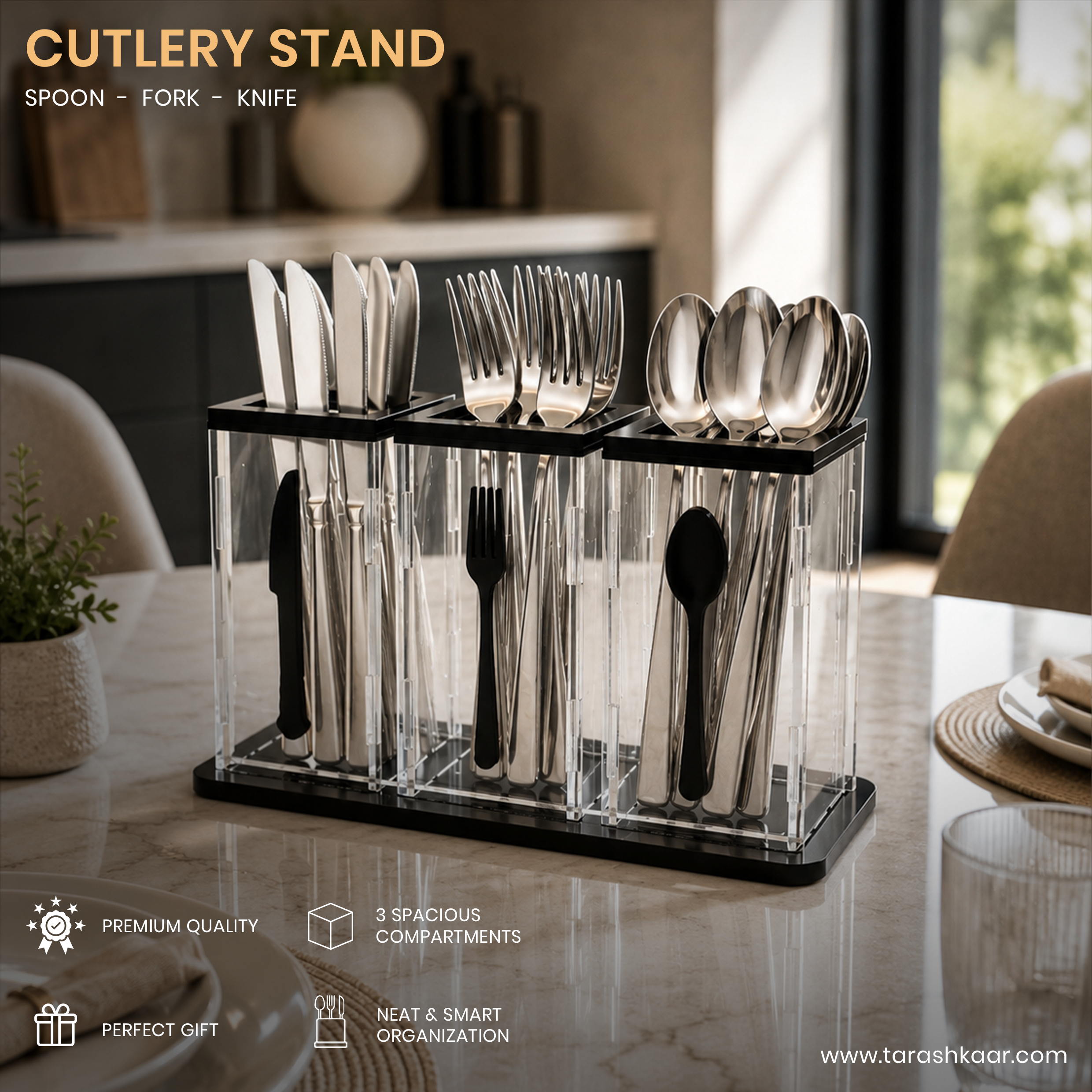 3-Compartment Acrylic Cutlery Holder - Premium Spoon, Fork & Knife Organizer - Luxury Dining Table Stand