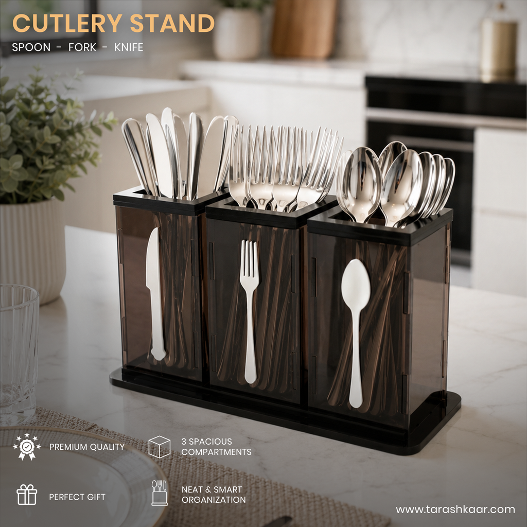 3-Compartment Brown Acrylic Cutlery Holder - Premium Spoon, Fork & Knife Organizer - Luxury Dining Table Stand (Copy)