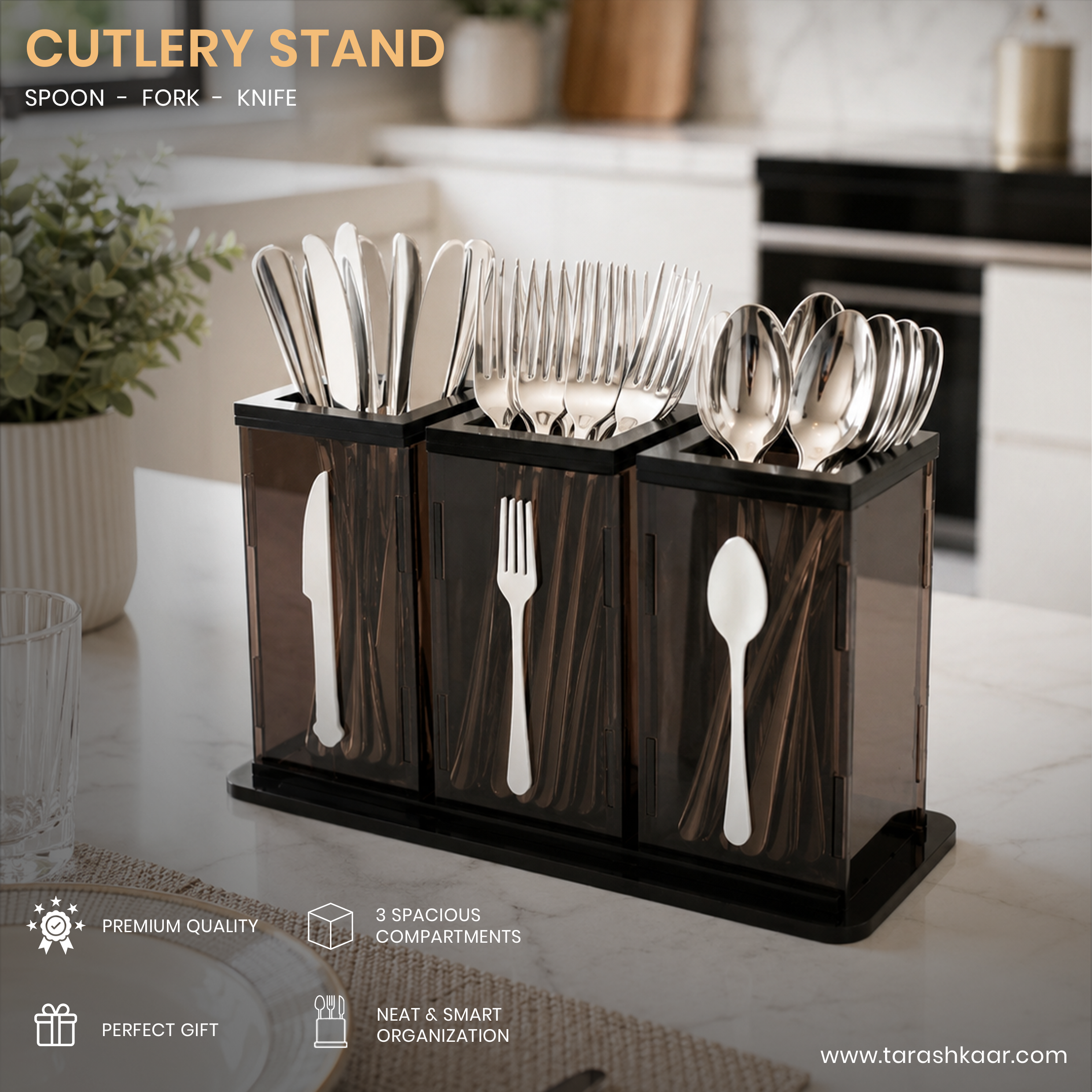 3-Compartment Brown Acrylic Cutlery Holder - Premium Spoon, Fork & Knife Organizer - Luxury Dining Table Stand (Copy)