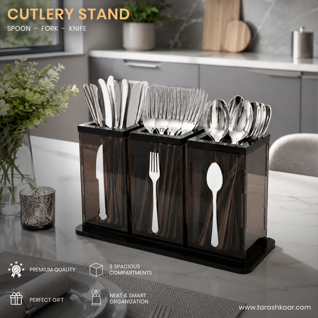 3-Compartment Brown Acrylic Cutlery Holder - Premium Spoon, Fork & Knife Organizer - Luxury Dining Table Stand (Copy)