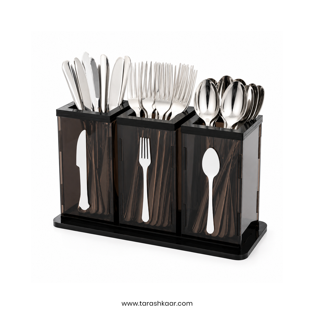 3-Compartment Brown Acrylic Cutlery Holder - Premium Spoon, Fork & Knife Organizer - Luxury Dining Table Stand (Copy)