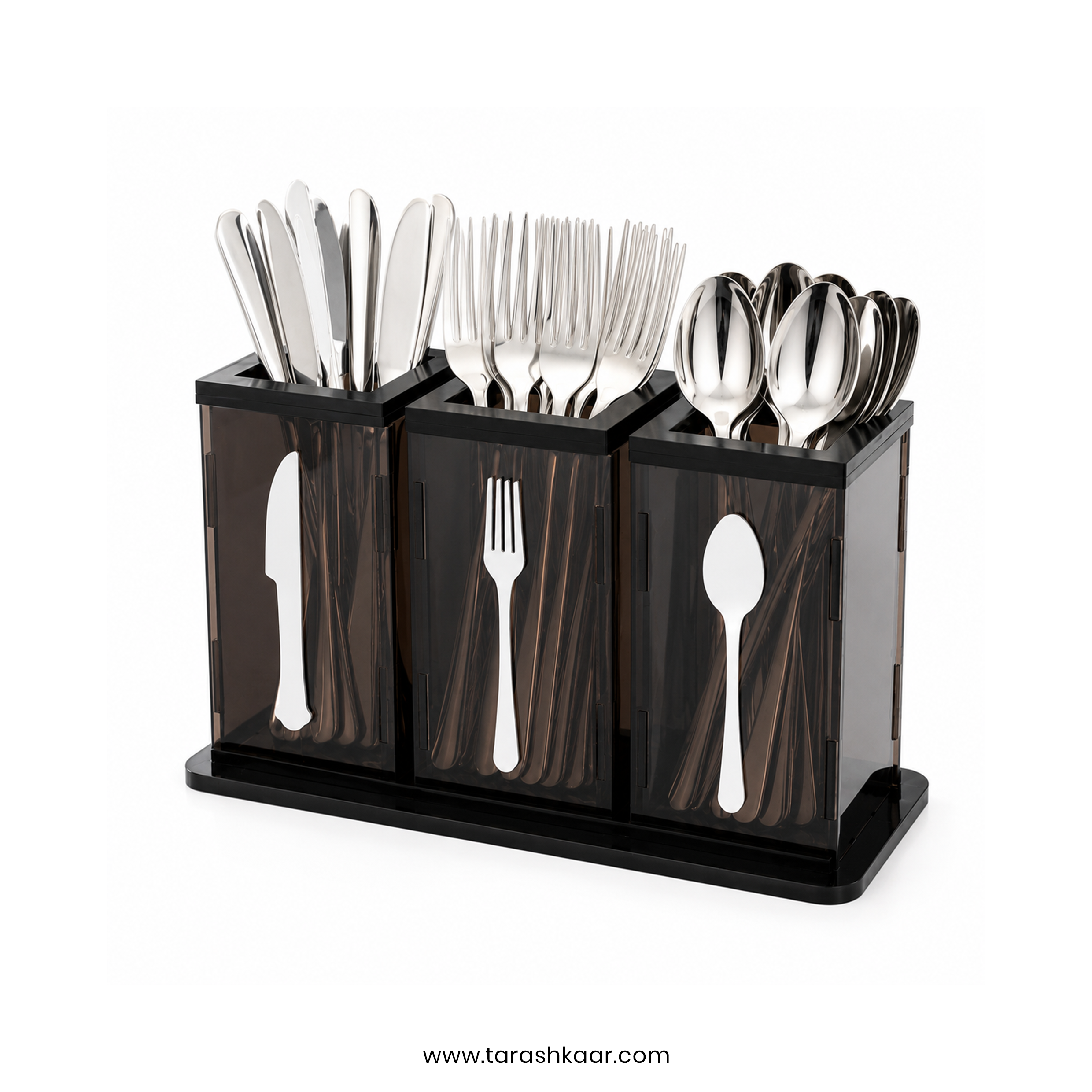 3-Compartment Brown Acrylic Cutlery Holder - Premium Spoon, Fork & Knife Organizer - Luxury Dining Table Stand (Copy)