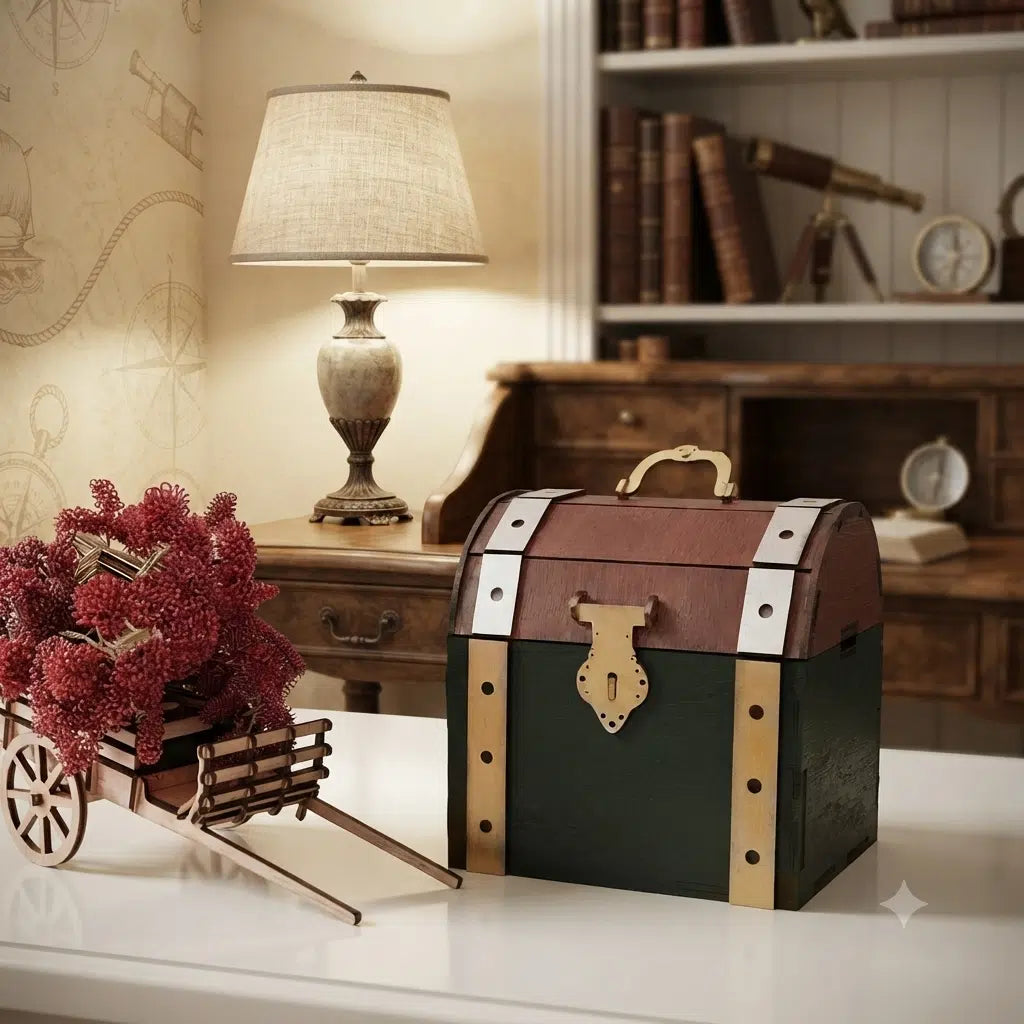 Laser Cut Vintage Wooden Treasure Chest Box – Luxury 3D Decorative Storage Organizer – Premium Tabletop Antique Gift Box Trinket Jewellery Case
