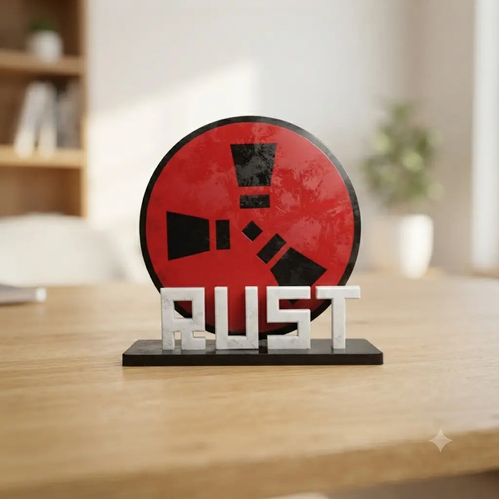 3D Acrylic Rust Gaming Desk Sign (15x15 cm) – Custom Laser Cut Game Logo Tabletop Decor – Premium Glossy PC Setup Ornament Stand for Gamers & Streamers