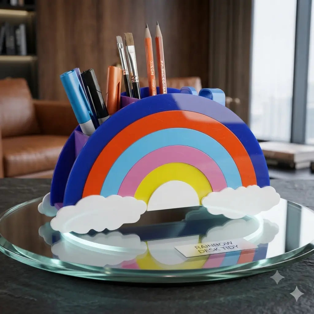 Rainbow Design Acrylic Pen Holder & Desk Organizer - Multi-Color Stationery Storage Box for Kids & Office